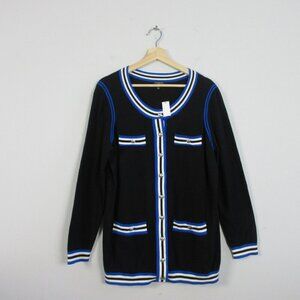 Talbots Cardigan Women X L Black Blue Trim Pockets Button Front Cotton New 356